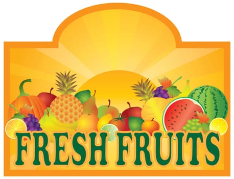 Grocery Store Fresh Fruits Stand and Sun Rays with Room for Text Signage Illustration