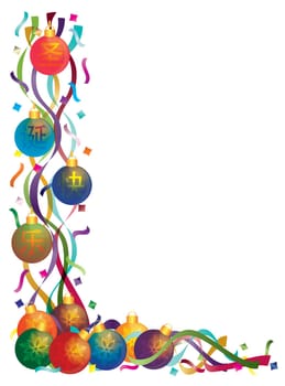 Christmas Tree Ornaments with Colorful Ribbons and Confetti Border and Chinese Text Wishing Merry Christmas Illustration