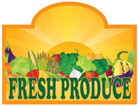 Grocery Store Fresh Produce Colorful Vegetables and Sun Rays Signage Illustration