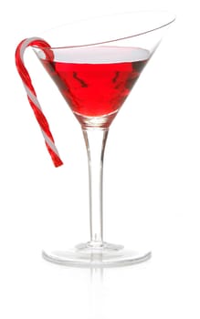 christmas cheer - colorful cocktail with candy cane on the side isolated on white background