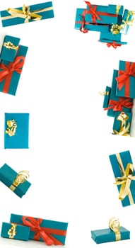 a frame of blue gifts with gold and red decorations on white