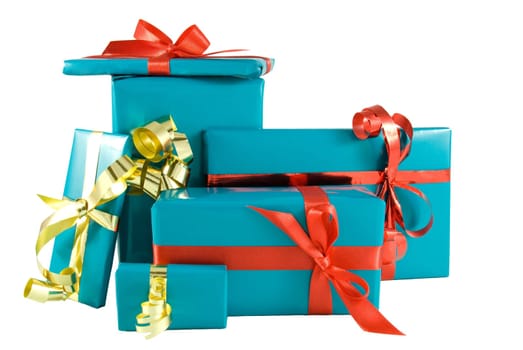 lots of blue gifts with red and gold ornamentation, on white