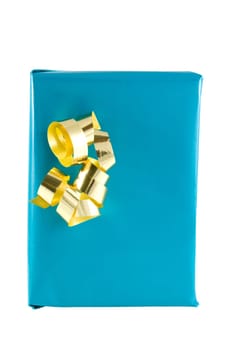a blue gift with gold ornamentations, on white