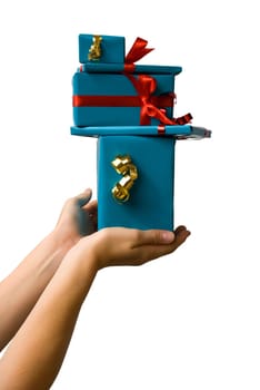 two hands holding many gifts, on white