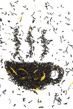 a cup of tea made out of tea leaves, on white