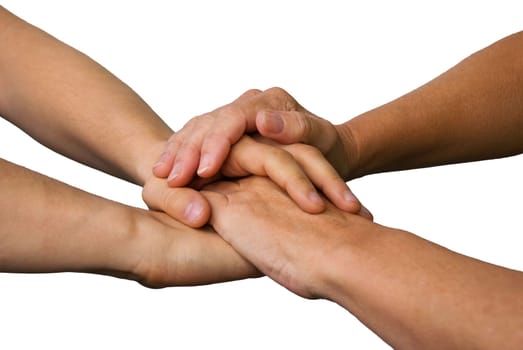 four hands symbolizing success, power, teamwork and strength, on white