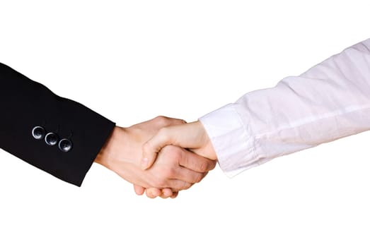 handshake between business hands, one white and one black dressed arm, on white
