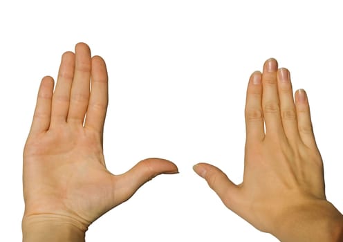 two hands, one from the backside and one from the front, on white