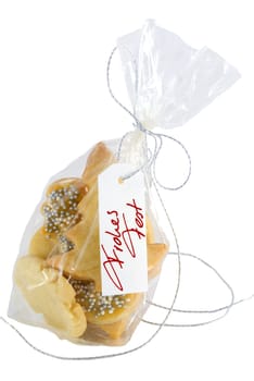 bag full of home-baked christmas cookies with white label, isolated