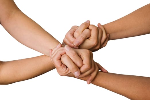 four hands hold each other, isolated
