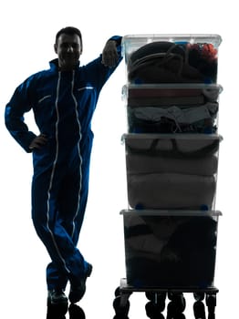 mover with boxes silhouette  worker silhouette in studio on white background