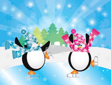Christmas Penguins Pair Figure Ice Skating in Ice Rink Winter Scene with Trees Snowflakes and Sun Rays Background Illustration