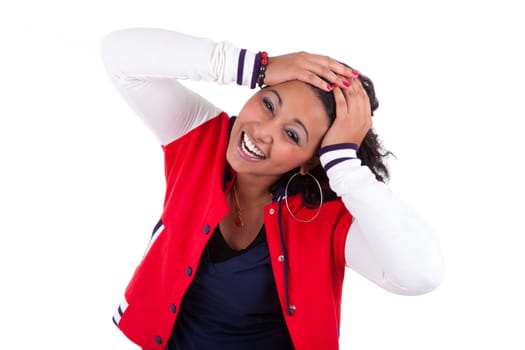Portrait of a young African American woman holding her head, isolated on white background