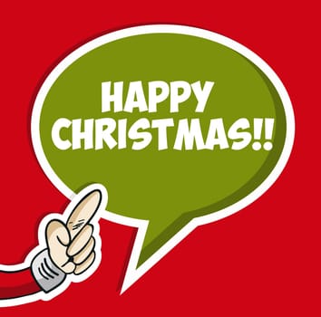 Cartoon hand points happy christmas social bubble sticker. Vector file layered for easy manipulation and custom coloring