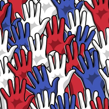 Democracy voting hands up seamless pattern background. Vector file layered for easy manipulation and custom coloring.