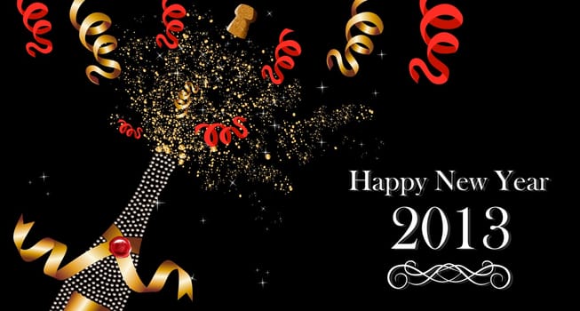 Diamond champagne bottle with gold ribbon New Year celebration splash. Vector illustration layered for easy manipulation and custom coloring.