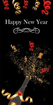 Diamond champagne bottle with gold ribbon in New Year celebration. Vector illustration layered for easy manipulation and custom coloring.
