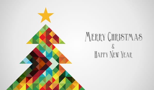 Merry Christmas and happy new year mosaic pine tree greeting card. Vector illustration layered for easy manipulation and custom coloring.