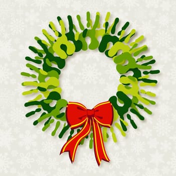 Go green diversity hands in Christmas wreath. EPS10 file with a drop shadow effect in multiply mode at 75% level. This shadow is in the corresponding element and included as style.