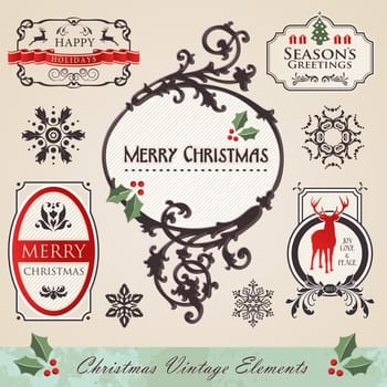 Art noveau vintage christmas season frame elements set. Vector illustration layered for easy manipulation and custom coloring.