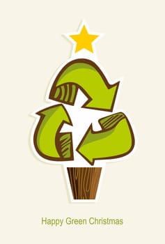 Green Recycle symbol Christmas tree in cartoon style.  Vector illustration layered for easy manipulation and custom coloring.