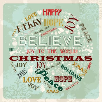 Vintage Merry Christmas concept words and icons in circle shape. Vector illustration layered for easy manipulation and custom coloring.