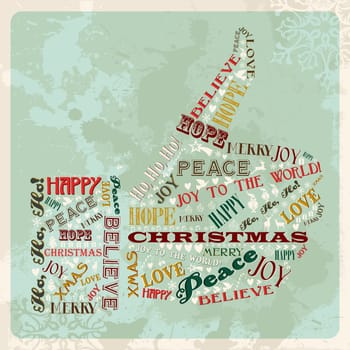 Vintage Merry Christmas concept words in hand thumb up shape. Vector illustration layered for easy manipulation and custom coloring.