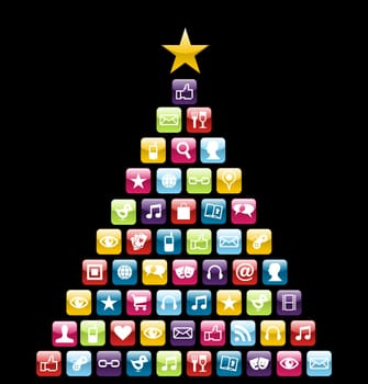 Glossy Social and multimedia icons in Christmas pine tree greeting card. Vector illustration layered for easy manipulation and custom coloring.