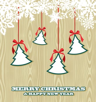 Retro Christmas for sale hanging  trees over wooden background. Vector illustration layered for easy manipulation and custom coloring.