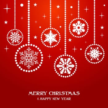 Merry Christmas and Happy new year snowflakes baubles over red background. Vector illustration layered for easy manipulation and custom coloring.