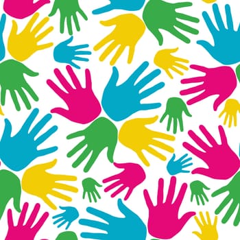 Social diversity bright colors hands up pattern. Vector file layered for easy manipulation and custom coloring