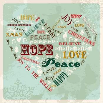 Vintage Merry Christmas concept words in heart shape. Vector illustration layered for easy manipulation and custom coloring.
