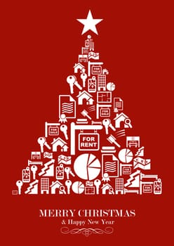 Real estate icon set in Christmas Tree greeting card. Vector illustration layered for easy manipulation and custom coloring.