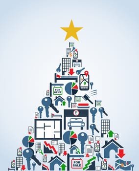 Real estate icon set in Christmas Tree greeting card. Vector illustration layered for easy manipulation and custom coloring.