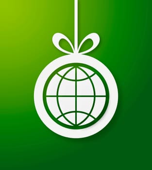 Christmas bauble in green background with world icon. Vector illustration layered for easy manipulation and custom coloring.
