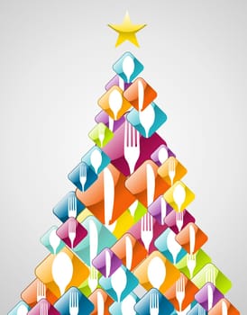 Gourmet silverware Christmas pine tree greeting card. Vector illustration layered for easy manipulation and custom coloring.