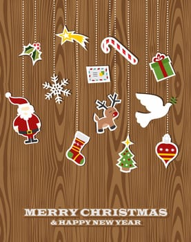 Retro Christmas hanging elements over wooden background. Vector illustration layered for easy manipulation and custom coloring.