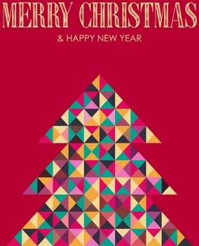 Vintage multicolored mosaic Christmas pine tree greeting card. Vector illustration layered for easy manipulation and custom coloring.