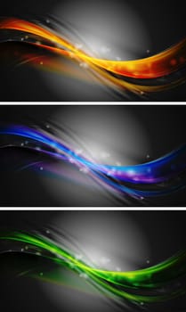 Elegant banners. Colourful abstract waves on the black background. Eps 10 vector illustration