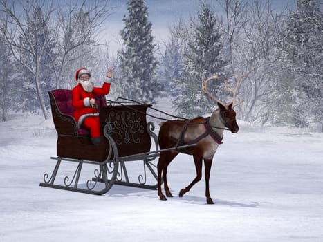 A reindeer pulling a sleigh with a smiling and waving Santa Claus in it. The background is a beautiful snowy winter forest.