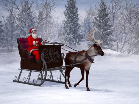 A reindeer pulling a sleigh with Santa Claus in it. The background is a beautiful snowy winter forest.