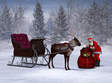 Santa packing his sack with his sleigh and reindeer beside him. The background is a beautiful snowy winter forest.