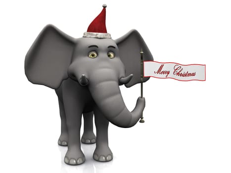 A cute cartoon elephant holding a flag with the words Merry Christmas on. White background.