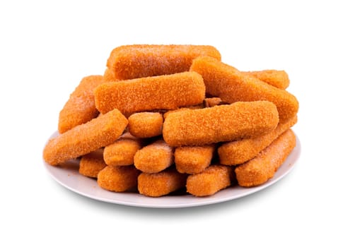 Fish fingers on a plate. Isolated white background.