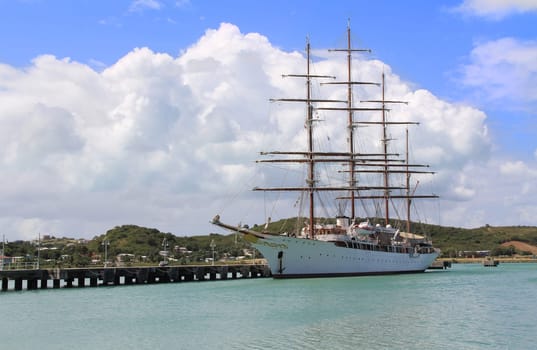 Large sailing ship docked in St. John’s Harbour in Antigua Barbuda.