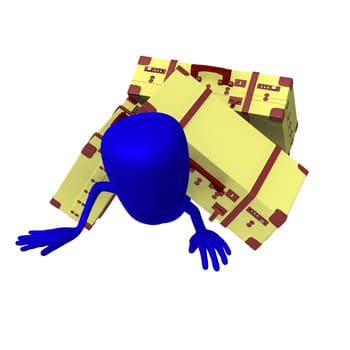 Front view puppet is in trouble under suitcases