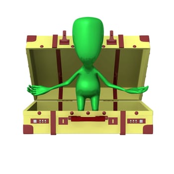 Front view puppet surprisingly jump out from suitcase