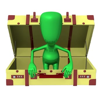 Front view puppet try get out from suitcase