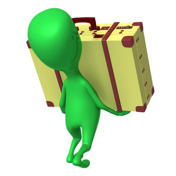 Behind view puppet carry suitcase on his arms