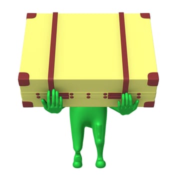 Front view puppet carry suitcase on his arms